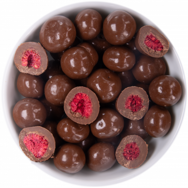 gefriergetrocknete Himbeeren in Vollmilch-Schokolade